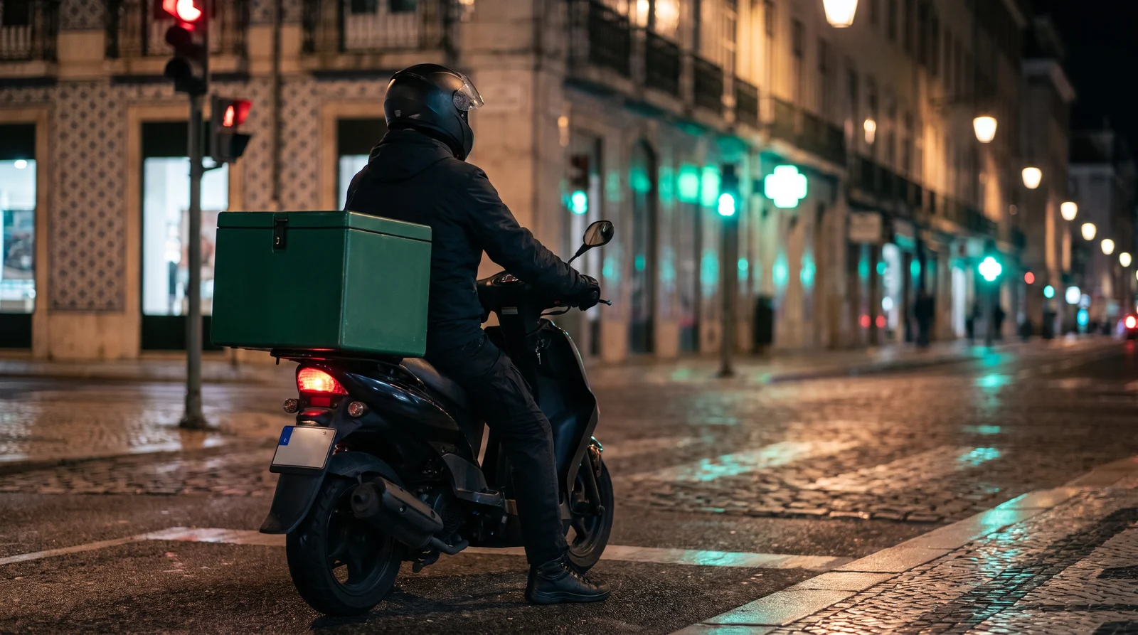 Estafeta parado num semáforo durante uma entrega à noite